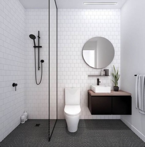 tendenza bagno stile scandinavo rubinetteria nera con pavimento bianco e nero